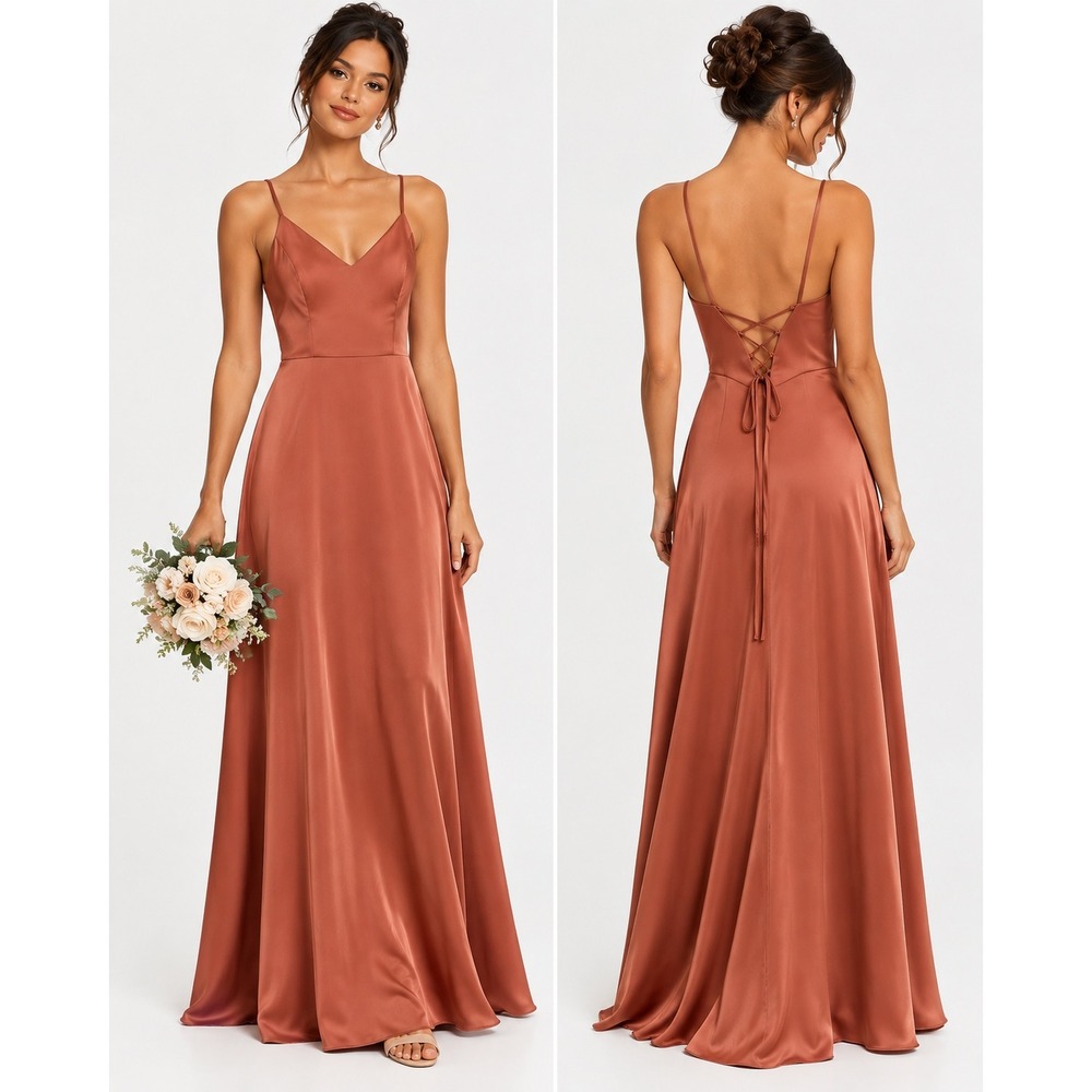 Azazie A0 Rust Satin Maxi Dress Lace-Up Back Bridesmaid Formal Romantic Y2K Gown